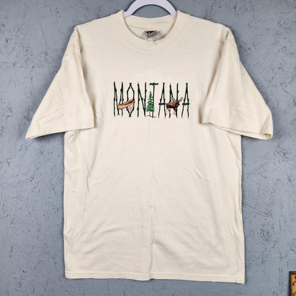 Vintage Montana Shirt Mens Medium Embroidered Moose Canoe Tree Souvenir Outdoors